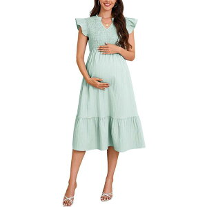 �y���������z �G���[�g�X�s���b�g ���f�B�[�X �����s�[�X �g�b�v�X Maternity V Neck Ruffle Cap Sleeve Smocked Tiered Flowy Photoshoot Midi Dress Light Green