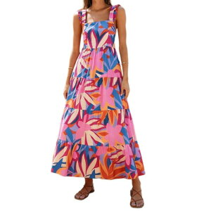 �{�f�B�T�C�Y ���f�B�[�X �g�b�v�X �����s�[�X �t���� �}�L�V BODDYSIZE Womensummer Boho Spaghetti Strap Dress Casual Square Neck Ruffle Long Dress Beach Swing Maxi Dress Pink Blue Flower �u���[