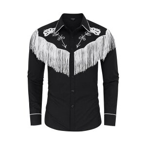 �R�W���C�� ���f�B�[�X �g�b�v�X T�V���c �{�^���_�E�� �h�J �t�����W Kojooin Men's Fringe Shirts Embroidered Western Cowboy Costume Long Sleeve Button Down Hippie Shirt Black White �z���C�g