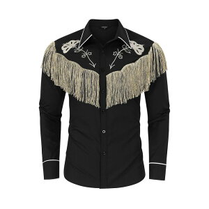 �R�W���C�� ���f�B�[�X �g�b�v�X T�V���c �{�^���_�E�� �h�J �t�����W Kojooin Men's Fringe Shirts Embroidered Western Cowboy Costume Long Sleeve Button Down Hippie Shirt Black Yellow �u���b�N
