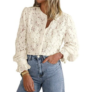 �Z�I���A ���f�B�[�X �g�b�v�X �V���c ���[�X Seoria Women's Lace Long Sleeve Button-Up Shirtop Apricot �A�v���R�b�g