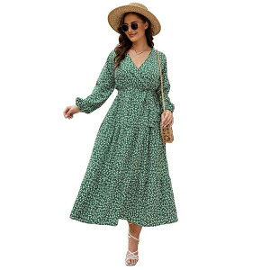 �Z�I���A ���f�B�[�X �g�b�v�X �����s�[�X �e�B�A�[�h �v���X�T�C�Y �}�L�V Seoria Women Plusize Wrap Long Sleeve Tiered Maxi Dress Dark Green �O���[��