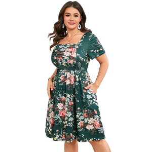 �y���������z �G���[�g�X�s���b�g ���f�B�[�X �����s�[�X �g�b�v�X Women's Plus Size Square Neck Ruched Floral Midi Dress with Pockets Short Sleeve Casual Dress Green