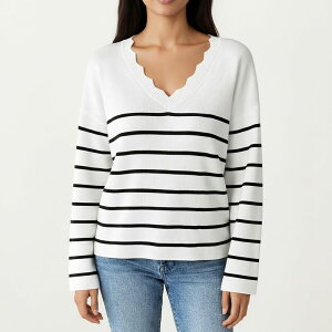 �A���i�J�V ���f�B�[�X �A�E�^�[ �j�b�g�E�Z�[�^�[ Anna-Kaci Women's Long Sleeve Striped Knitop with Scalloped V-Neckline and Softextured Fabric White �z���C�g