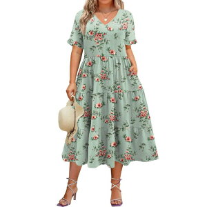 �W�[�O�[ ���f�B�[�X �g�b�v�X �����s�[�X V�l�b�N �e�B�A�[�h A ���C�� �~�f�B Zeagoo Women'short Sleeve Midi Casual Tiered V-Neck A-Line Flowy Loose Dresses with Pockets Green Pink Floral �s���N