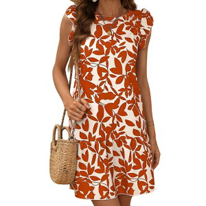 �N���A�t�����[ ���f�B�[�X �g�b�v�X �����s�[�X �t�����[�� �v�����g �t���� �~�j ClearFlower Women's Loose Fit Mini Dress Round Neck Ruffle Sleeve Floral Print Dress for Casual Summer Wear Orange Floral �I�����W