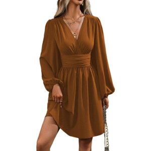 �{�f�B�T�C�Y ���f�B�[�X �g�b�v�X �����s�[�X V�l�b�N �v���[�c �~�j ���� BODDYSIZE Women's Lantern Sleeve V-Neck Mini Dress Long-Sleeved Tie Waist Pleated Short Wrap Dress Brown �u���E��