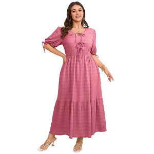 �y���������z �{�f�B�T�C�Y ���f�B�[�X �����s�[�X �g�b�v�X Summer Dress for Women Plus Size Short Puff Sleeve Crew Neck Ruffle Flowy A Line Tiered Long Dresses Dark Pink