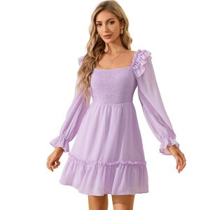�y���������z �{�f�B�T�C�Y ���f�B�[�X �����s�[�X �g�b�v�X Women's Lantern Long Sleeve Dress Square Neck Ruffle Dress Shirred Flowy Party Mini Dress Purple