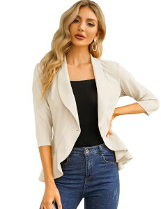 �t�@���W�����C ���f�B�[�X �A�E�^�[ �W���P�b�g�E�u���]�� �t���� �u���U�[ FUNJULY Women's Casual Blazer 3/4 Sleeve Open Front Ruffle Work Office Suit Jacket Apricot �A�v���R�b�g