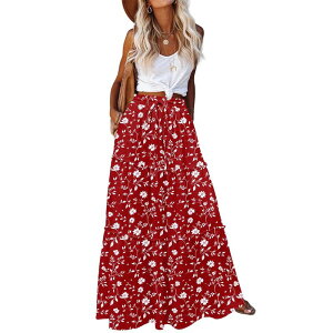 �W�[�O�[ ���f�B�[�X �{�g���X�J�[�g �e�B�A�[�h A ���C�� �}�L�V Zeagoo Women's High Waisted Flowy A Line Tiered Maxi Skirts with Pockets Casual Skirts Red Floral Printed ���b�h
