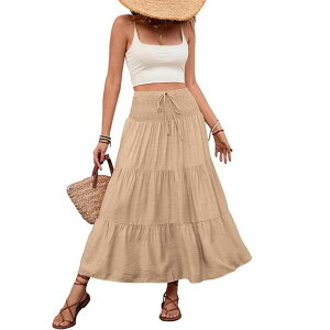 �C�G�X�t�@�b�V���� ���f�B�[�X �{�g���X�J�[�g �e�B�A�[�h A ���C�� �}�L�V Yesfashion Womens Boho Skirt Casual Elegant Smock Layered Tiered Maxi Skirt High Waisted A Line Long Skirts Khaki �J�[�L