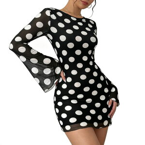 �G���[�g�X�s���b�g ���f�B�[�X �g�b�v�X �����s�[�X �h�b�g�� �h�b�g �~�j �V�A�[ EliteSpirit Women's Polka Dot Sheer Bell Sleeve Mini Dress - Bodycon Party Dress for Casual Evening Wear Black �u���b�N