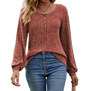 �W���C�W���C ���f�B�[�X �g�b�v�X T�V���c �N���[�l�b�N ���u JoyJoy Women's Crew Neck Ribbed Brushed Long Sleeve Tops with Button Simple Versatile Loose Pullover Top Brick Red ���b�h