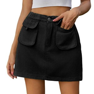 �C�G�X�t�@�b�V���� ���f�B�[�X �{�g���X�J�[�g �~�j �f�j�� Yesfashion Women Denim Stretchy Cargo Casual High Waisted Trendy2K Mini Skirt with Pockets Black �u���b�N