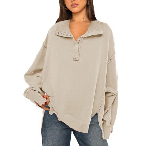�R�W���C�� ���f�B�[�X �g�b�v�X T�V���c �T�C�h�X���b�g �X�E�F�b�g Kojooin Women Oversized Sweatshirt Casualong Sleeve Side Slitop Apricot �A�v���R�b�g