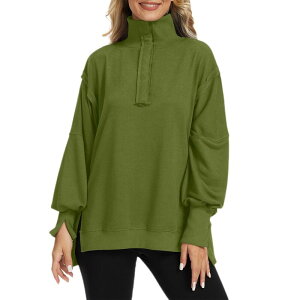 �R�W���C�� ���f�B�[�X �g�b�v�X T�V���c �T�C�h�X���b�g �X�E�F�b�g Kojooin Women Oversized Sweatshirt Casualong Sleeve Side Slitop Army Green �O���[��