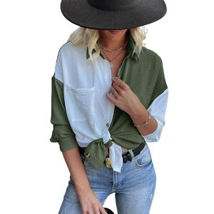 �W���C�W���C ���f�B�[�X �g�b�v�X �V���c �{�^���_�E�� �u���E�X JoyJoy Womens Color Block Button Down Shirts Long Sleeve Oversized Blouses Tops Army Green �O���[��