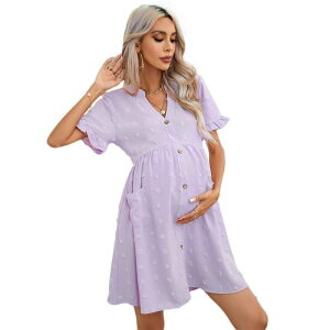 �G���[�g�X�s���b�g ���f�B�[�X �g�b�v�X �����s�[�X V�l�b�N �}�^�j�e�B EliteSpirit Womens Maternity V Neck Lantern Sleeve Jacquardot Pocket Babydoll Baby Shower Dress Light Purple �p�[�v��