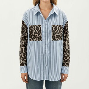�A���i�J�V ���f�B�[�X �g�b�v�X T�V���c �v�����g Anna-Kaci Women's Long Sleeve Button-Up Shirt with Leopard Print Sleeves and Striped Pattern Blue �u���[