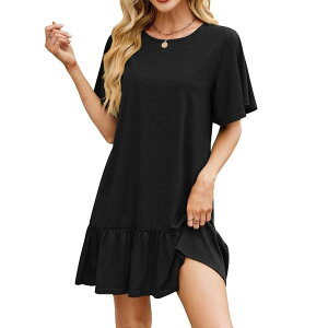 �R�W���C�� ���f�B�[�X �g�b�v�X �����s�[�X �e�B�A�[�h A ���C�� T�V���c Kojooin Women Basic Layer T-Shirt Dressolid Short Sleeve Loose Baby Doll Dress A-Line Tieredress Black �u���b�N