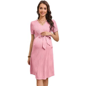 �R�W���C�� ���f�B�[�X �g�b�v�X �����s�[�X V�l�b�N ���u �j�b�g �}�^�j�e�B Kojooin Women Maternity Dresshort Sleeve V Neck Breastfeeding Ribbed Knit Belt Pregnancy Dresses Pink �s���N
