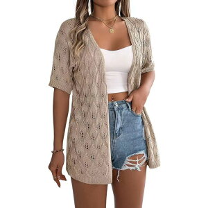 �N���A�t�����[ ���f�B�[�X �A�E�^�[ �j�b�g�E�Z�[�^�[ �J�[�f�B�K�� ClearFlower Women Crochet Long Cardigan Short Sleeve Open Front Knit Sweater Summer Hollow Out Cover Up Khaki �J�[�L