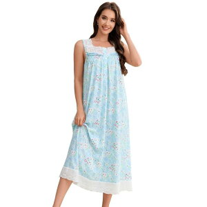 �{�f�B�T�C�Y ���f�B�[�X �A���_�[�E�F�A �i�C�g�E�F�A �v�����g ���[�X BODDYSIZE Women's Printed Square Neck Lace Nightgown Soft Long Camisole Nightwear Light Blue �u���[