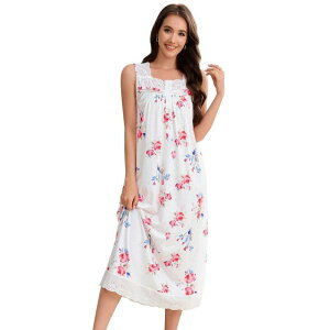 �{�f�B�T�C�Y ���f�B�[�X �A���_�[�E�F�A �i�C�g�E�F�A �v�����g ���[�X BODDYSIZE Women's Printed Square Neck Lace Nightgown Soft Long Camisole Nightwear White �z���C�g