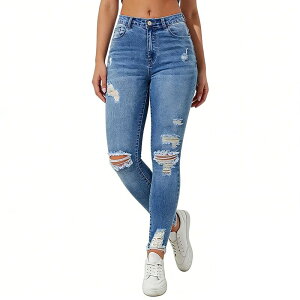 �G���[�g�X�s���b�g ���f�B�[�X �{�g���X �f�j���p���c �A���N�� �W�[���Y EliteSpirit Women's High Waistedistressed Jeans with Frayed Ankle Hems Casual Denim Pants Blue �u���[