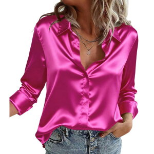 �W�[�O�[ ���f�B�[�X �g�b�v�X �V���c �T�e�� �V���N �u���E�X Zeagoo Silk Blouse for Women Fall Fashion Business Casual Top Dressy Satin Button Up Shirts Hot Pink �s���N