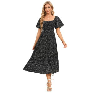 �R�W���C�� ���f�B�[�X �g�b�v�X �����s�[�X �V���[�����O �}�^�j�e�B �}�L�V Kojooin Maternity Dress Women'summer Square Neck Smocked Maxi Dresshort Sleeve Pregnancy Dress Black �u���b�N