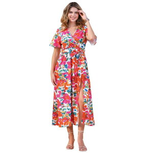 �C���X�p�C�A �V�b�N ���f�B�[�X �g�b�v�X �����s�[�X V�l�b�N �t�����[�� �}�L�V �t�����[ INSPIRE CHIC Women's Floral V Neck Split Hem Short Sleeve Maxi Tropical Dress White Pink �z���C�g