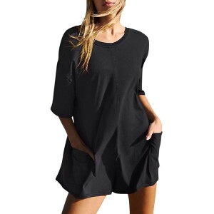 �N���A�t�����[ ���f�B�[�X �g�b�v�X �����s�[�X �����p�[�X T�V���c ClearFlower Women Rompers Half Sleeve Oversized Athletic Workout Reversible Hot Shotee Romper Deepockets Black �u���b�N