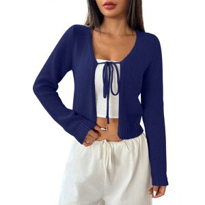 �{�f�B�T�C�Y ���f�B�[�X �A�E�^�[ �j�b�g�E�Z�[�^�[ V�l�b�N �J�[�f�B�K�� BODDYSIZE Women's Tie-Front Cardigan Shrug Sweater Long Sleeve V-Neck Lightweight Knitops Blue �u���[