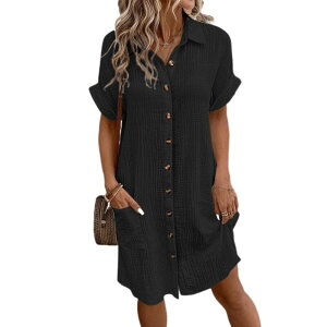 �C�G�X�t�@�b�V���� ���f�B�[�X �g�b�v�X �����s�[�X V�l�b�N �~�f�B Yesfashion Women'summer Dressesimple V-neck Button Solid Color Casual Midi Dress Black �u���b�N