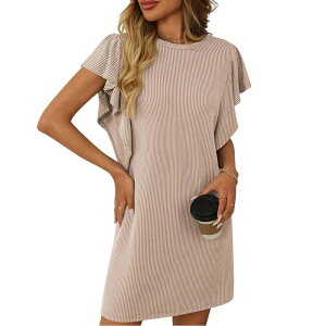�R�W���C�� ���f�B�[�X �g�b�v�X �����s�[�X �N���[�l�b�N �M���U�[ �~�j T�V���c Kojooin Womens Mini Dress Crew Neck Ruched Sleeve Striped Tee Shirt Dress Fashion Casual Tshirt Dress Apricot �A�v���R�b�g