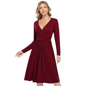 �C�G�X�t�@�b�V���� ���f�B�[�X �g�b�v�X �����s�[�X V�l�b�N A ���C�� Yesfashion Women's Long Sleeve V-Neck Dressesolid Color A-line Casual Elegant Swing Dress Red ���b�h