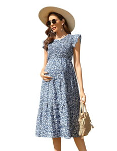�G���[�g�`���C�X ���f�B�[�X �g�b�v�X �����s�[�X �~�f�B �}�^�j�e�B Elitechoice Women's Maternity Round Neck Short Sleeve Midi Dress Blue �u���[