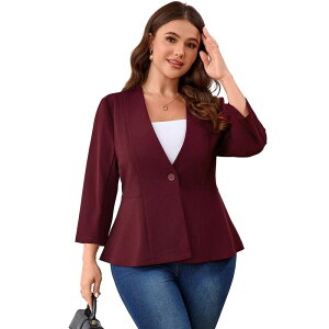 �R�W���C�� ���f�B�[�X �A�E�^�[ �W���P�b�g�E�u���]�� �v���X�T�C�Y �u���U�[ Kojooin Women Plusize Blazer One Button 3/4 Sleeve Casual Jackets Burgundy �o�[�K���f�B