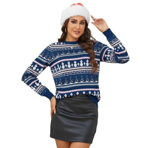 �N���A�t�����[ ���f�B�[�X �A�E�^�[ �j�b�g�E�Z�[�^�[ �N���[�l�b�N ClearFlower Women's Christmasweater Pullover Crew Neck Long Sleeve Snowflake Snowman Pattern Knitted Sweater Blue �u���[