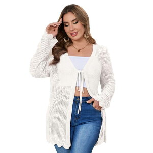 �C�G�X�t�@�b�V���� ���f�B�[�X �A�E�^�[ �j�b�g�E�Z�[�^�[ �v���X�T�C�Y �J�[�f�B�K�� �R�[�g Yesfashion Women's Plusize Crochet Cardigan Lightweightie Front Hollow Out Long Sleeves Knit Cover Coat White �z���C�g