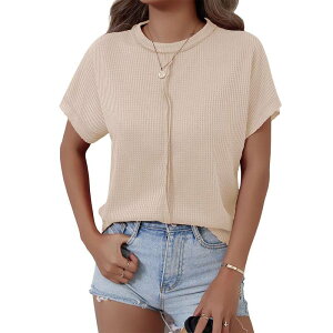 �N���A�t�����[ ���f�B�[�X �g�b�v�X T�V���c �N���[�l�b�N ���� �j�b�g ClearFlower Women's Waffle-Knit Crew Neck Short-Sleeve T-Shirt Oversized Relaxed-Fit Casual Top Apricot �A�v���R�b�g