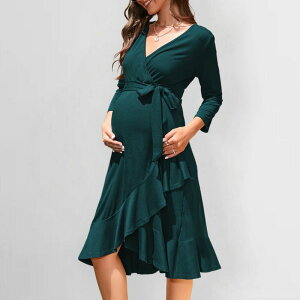 �N���A�t�����[ ���f�B�[�X �g�b�v�X �����s�[�X �t������ �t���� �}�^�j�e�B �}�L�V ClearFlower Women Maternity Long Dress with Ruffle Hem 3/4 Sleeve Flowy Maxi Dress Pregnancy Boho Casual Gown Dark Green �O���[��