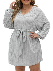 �y���������z �t�@���W�����C ���f�B�[�X �����s�[�X �g�b�v�X Women's Long Sleeve Plus Size V-Neck Ribbed Knit Casual Dress Gray