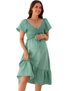 �y���������z �t�@���W�����C ���f�B�[�X �����s�[�X �g�b�v�X Women's Maternity Midi Dress V Neck Ruffle Sleeve Dress Beach Vacation Pregnancy Dress Deep Green