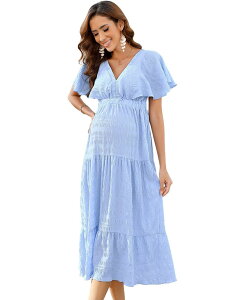 �G���[�g�`���C�X ���f�B�[�X �g�b�v�X �����s�[�X �t���� �~�f�B �}�^�j�e�B Elitechoice Ladies' Ruffle Sleeve Maternity Midi Dress Casualounge Dress with Back Tie for Home Sky Blue �u���[