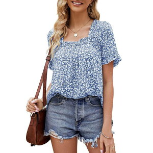 �y���������z �~�X�L�[ ���f�B�[�X �V���c �g�b�v�X Women Casual Square Neck Ruffled Blouse Short Sleeve Floral Flowy Summer Tops Lightweight Tshirt Blue