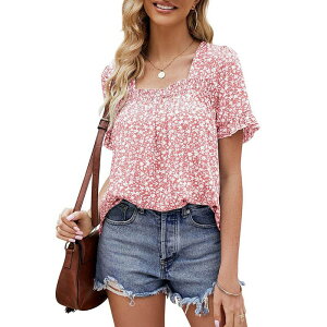 �~�X�L�[ ���f�B�[�X �g�b�v�X �V���c �t�����[�� �t���� �u���E�X �t�����[ MISSKY Women Casual Square Neck Ruffled Blouse Short Sleeve Floral Flowy Summer Tops Lightweightshirt Pink �s���N