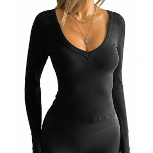 �N���A�t�����[ ���f�B�[�X �g�b�v�X �V���c �X�����t�B�b�g V�l�b�N ���u ClearFlower Women's Fashion Solid Color Long Sleeve V - Neck Ribbed T - Shirt Slim Fit Pullover Basic Top Black �u���b�N